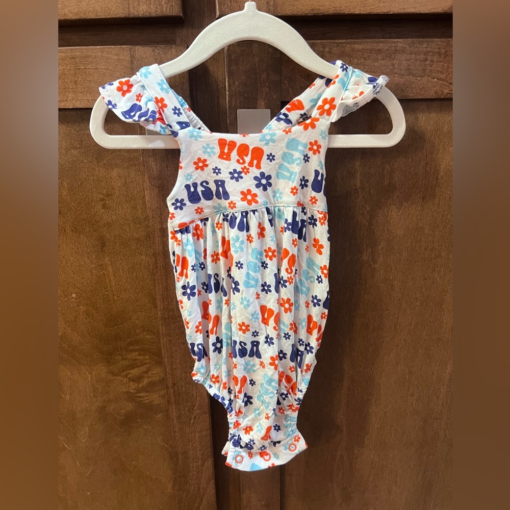 Dream Big Little Co Bubble Romper in retro USA print